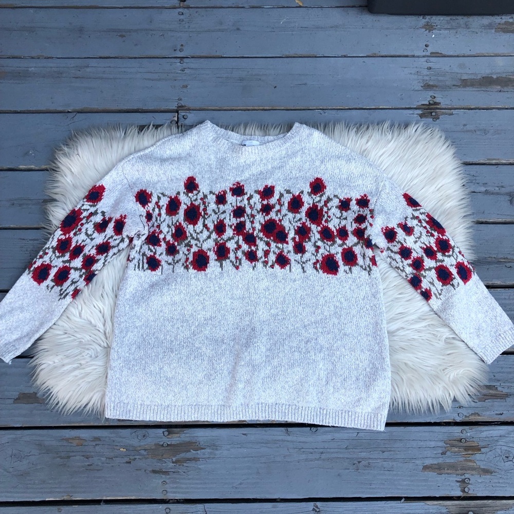 J Jill Pom Pom Embroidery Floral Cozy Crew Neck Cream Beige Red Sweater size M